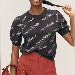 Maeve The Maxine Puff Sleeve Sweater Tee in Black & White Pattern NWT